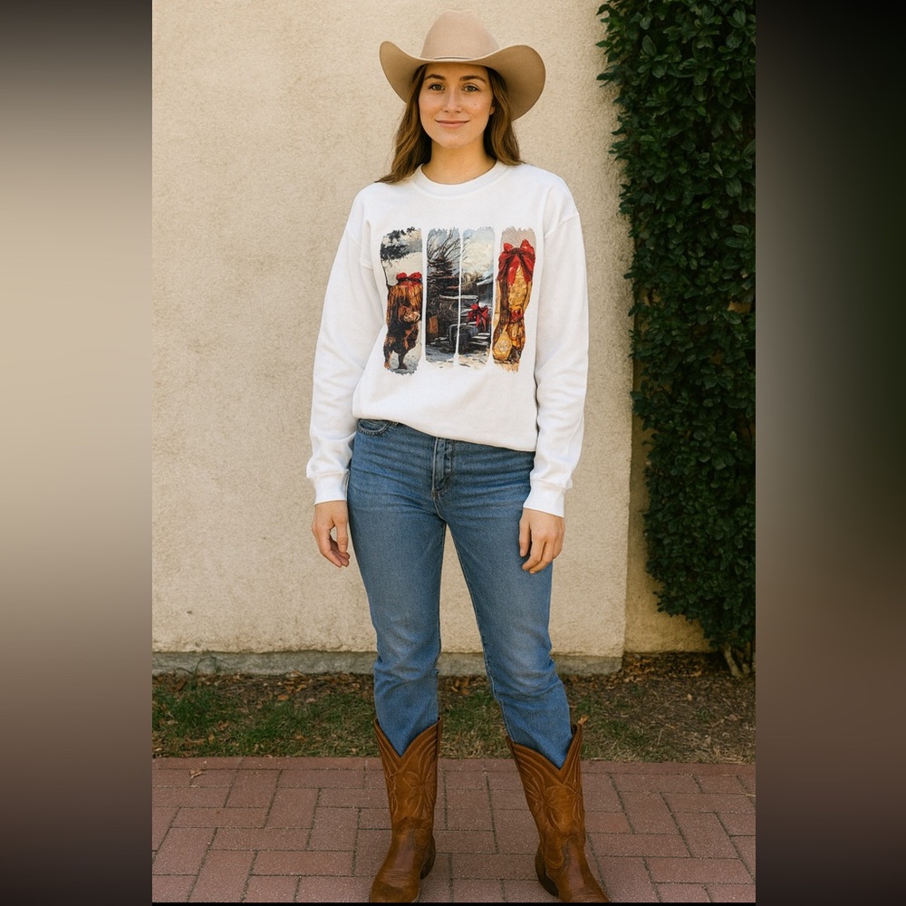 White Graphic Sweatshirt with Cow And Boot Christmas Design